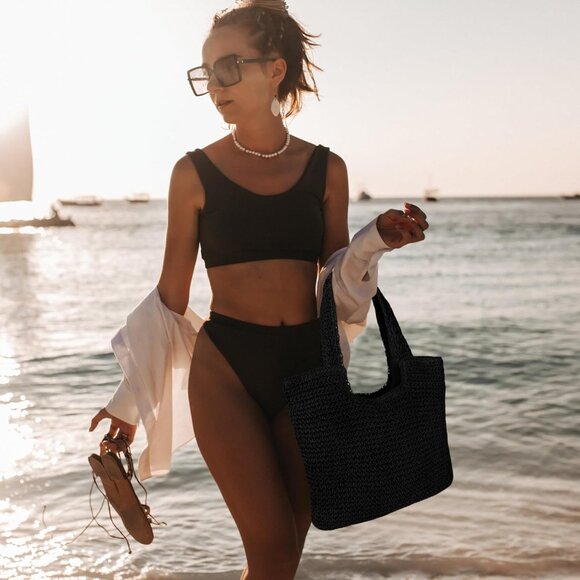 Women's A-black Large Straw Beach Bag Handmade Woven Shoulder Hobo Tote Handbag - Picture 5 of 6